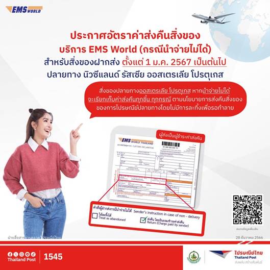 ไปรษณีย์ไทย ประกาศเก็บค่าส่งคืนสิ่งของในบริการ EMS World 4 ปลายทาง เริ่ม 1 ม.ค. 67